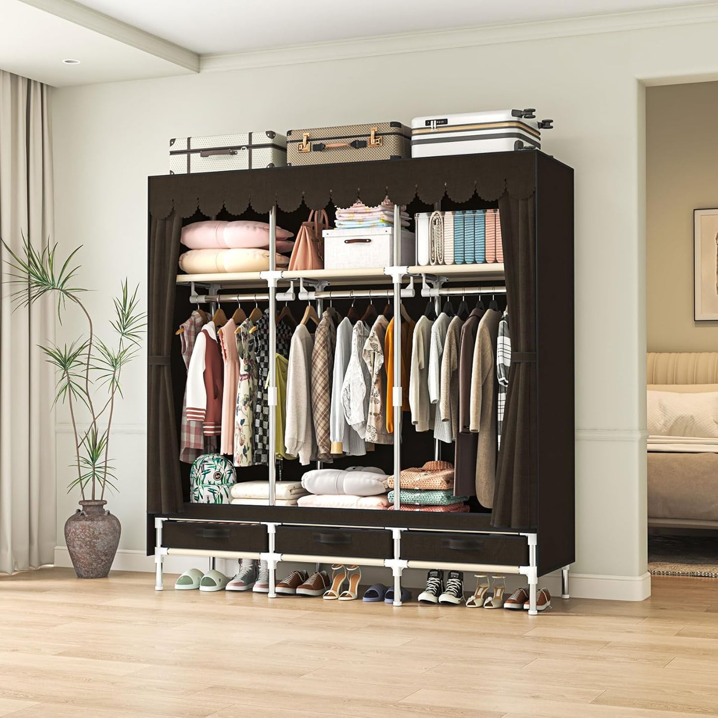 Portable Amories Closet Wardrobe with Non Woven Fabric Cover,59 Inch Large Metal Clothes Rack Storage Closet with 3 Hanging Rods,3 Drawers and 3 Storage Shelves,Brown,for Small Room