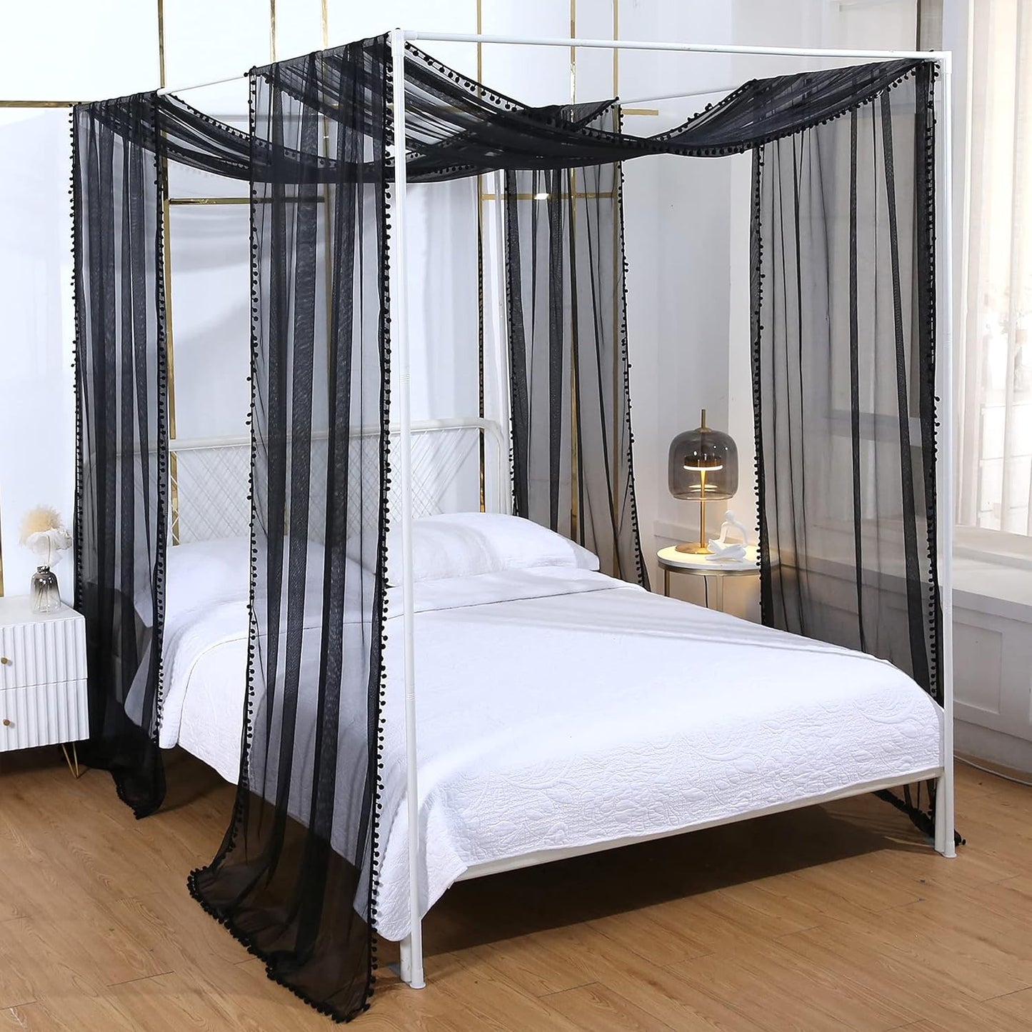 Akiky Canopy Bed Curtains with Light Princess Bed Canopy Scarf for Full/Queen Metal Bed Frame,Wood Frame Bed-2 Panel Sheer Curtain(Full/Queen,White)