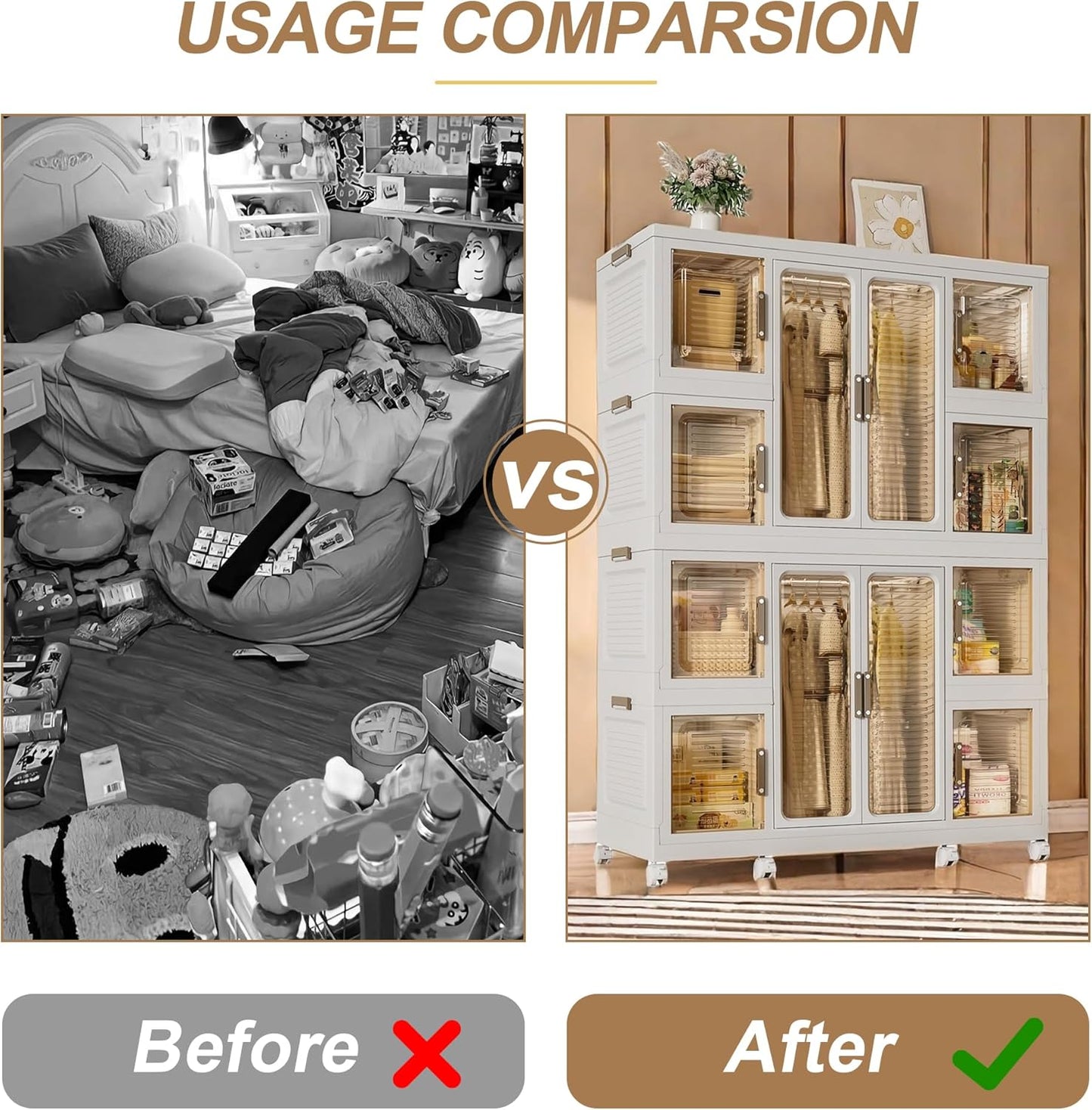 Portable Wardrobe Closet Storage Organizer for Clothes, Plastic Collapsible Closet Organizer with Magnetic Transparent Door, for Living Room Bedroom,Easy Assemble,8 Cubes & 2 Hanging Rod