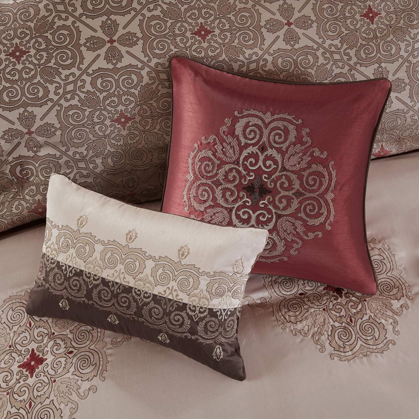 Madison Park Essentials Delaney 24-Piece Room In A Bag Comforter Set-Satin Jacquard, All Season Luxury Bedding, Sheets, decorative pillows and Curtains, Valance, Cal King(104"x92"), Medallion Red