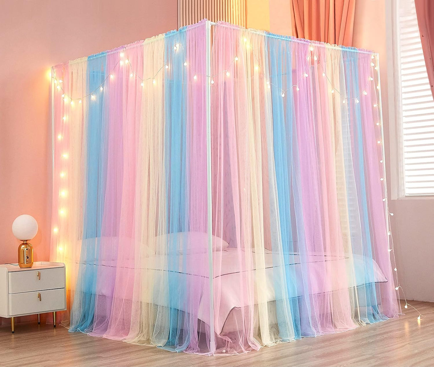 Akiky Canopy for Girls Room Bed Curtains Elegant Sheer Curtain for Twin Full Queen King Size Bed Drapes,8 Panels Canopies with Light,Room Décor(Full/Queen,Black)