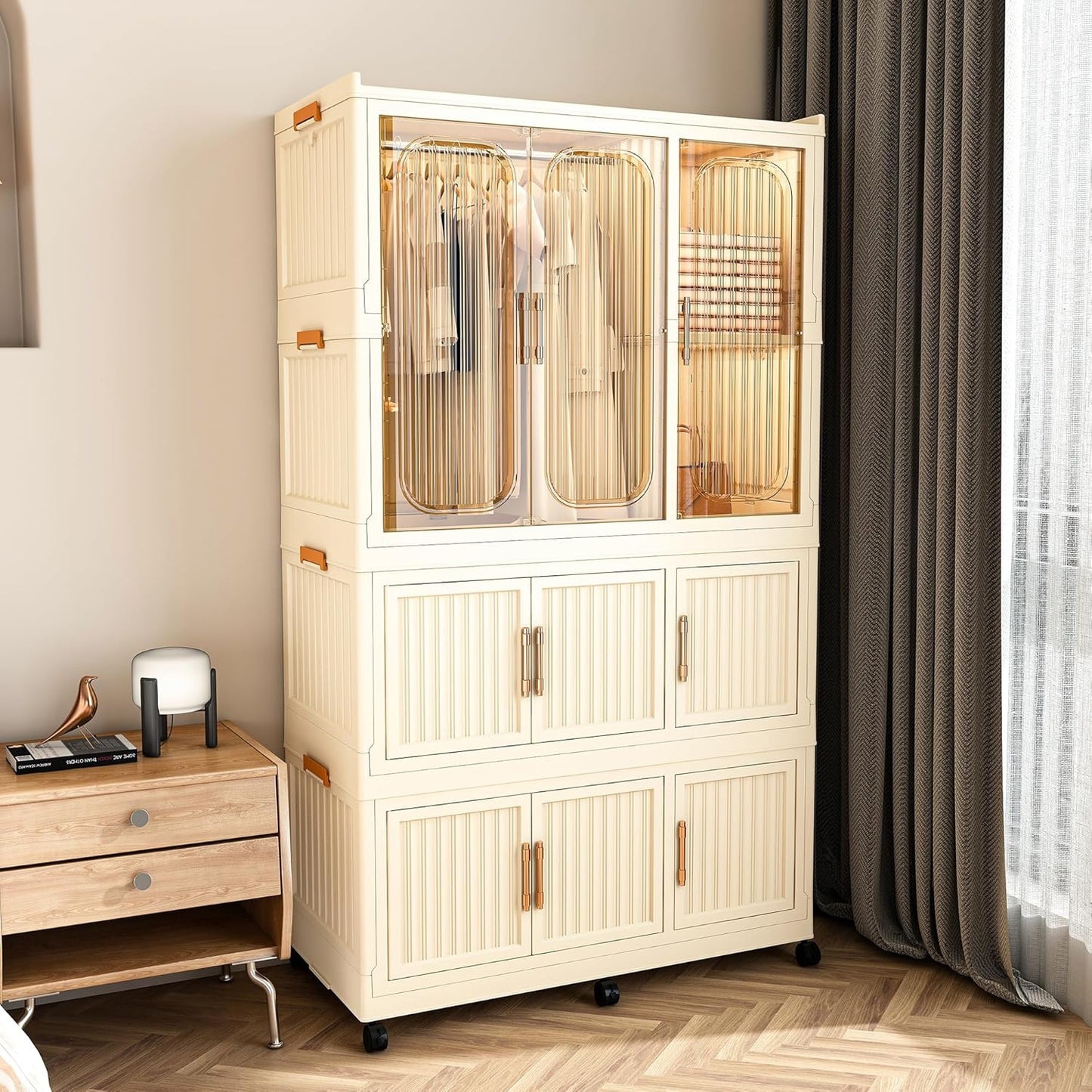 Portable Wardrobe Closet Storage Organizer for Clothes, Plastic Collapsible Closet Organizer with Magnetic Transparent Door, for Living Room Bedroom,Easy Assemble,8 Cubes & 2 Hanging Rod