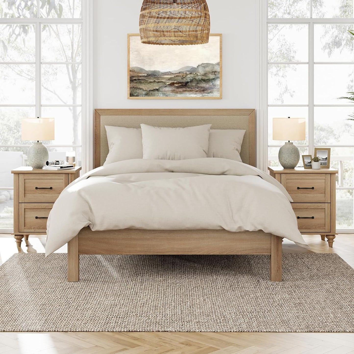 WAMPAT 4 Piece Bedroom Set, Set of 2 Wooden Dressers with 3 Drawers, Set of 2 Rattan Bedside Table Side Tables with Charging Station, 4 Piece Dresser and Nightstand Sets, Oak