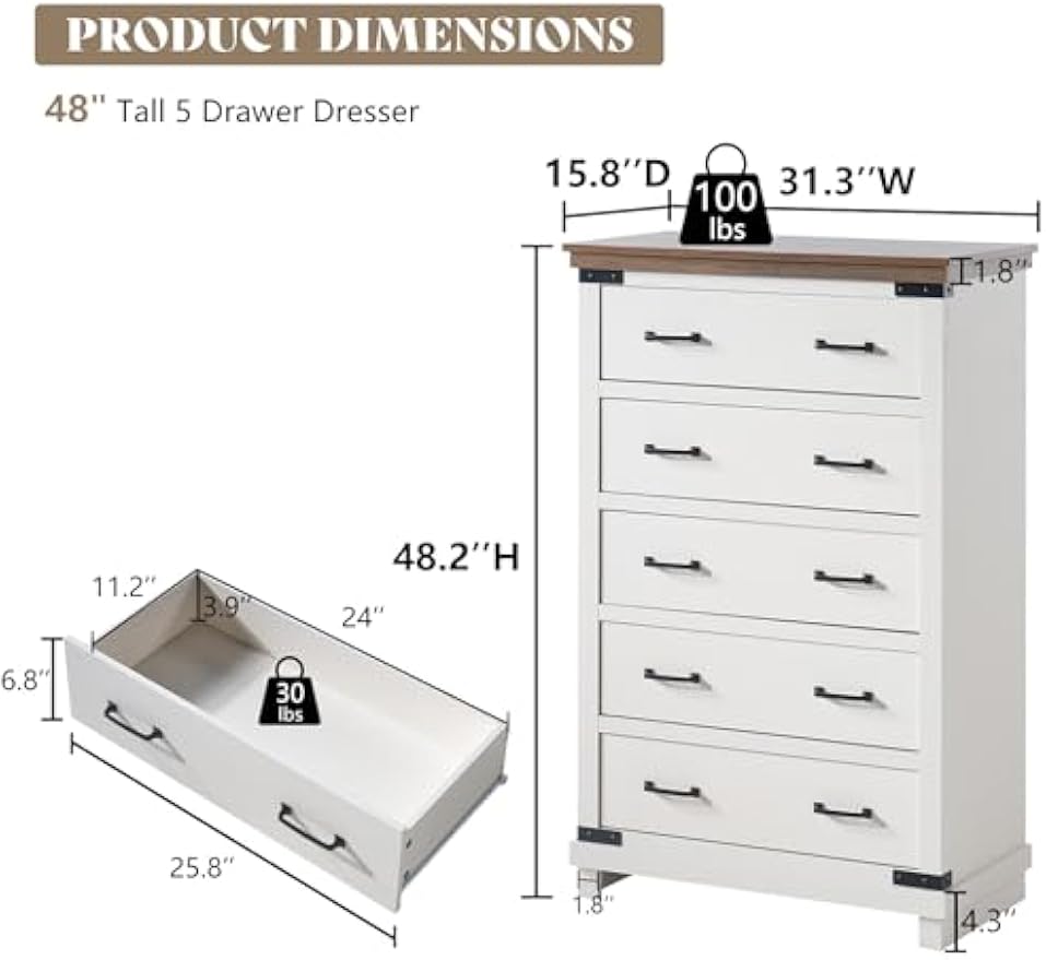 AMERLIFE 4 Pieces Farmhouse Bedroom Set, Includes 6 Drawer Large Dresser Chest, 5 Drawer Tall Dresser Chest, Nightstand Set of 2 with Charging Station, Wood Rustic Chest of Drawer, Living Room, White
