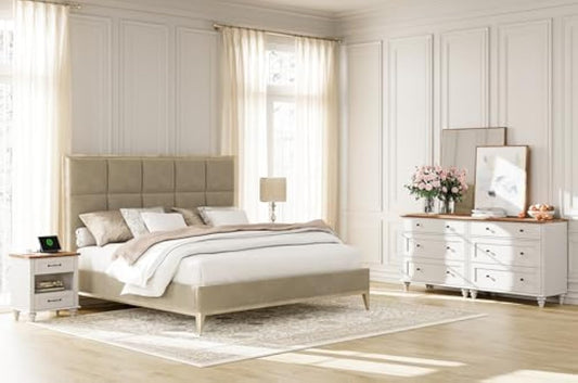 WAMPAT 4 Piece Bedroom Set - Includes Two Mid Century 3 Drawer Dresser, Set of 2 Night Stands with Charging Station, 4 Piece Dresser and Nightstand Sets, White