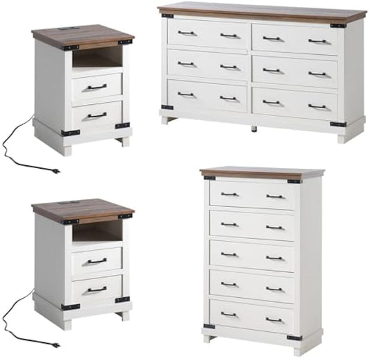 AMERLIFE 4 Pieces Farmhouse Bedroom Set, Includes 6 Drawer Large Dresser Chest, 5 Drawer Tall Dresser Chest, Nightstand Set of 2 with Charging Station, Wood Rustic Chest of Drawer, Living Room, White