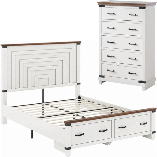 AMERLIFE 2 Pieces Farmhouse Bedroom Set, Includes Wood Rustic Queen Size Bed Frame with 54" Tall Headboard, 48" Tall 5 Drawers Dresser Chest, Heavy Duty Thick Plank Styling, Antique White