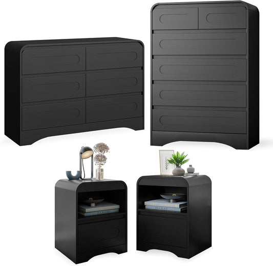 4 Pcs Bedroom Set, Dresser and Nightstand Sets, Including Modern Wooden Tall 6 Drawer Dressers, Wide 6 Drawers Dresser & Night Stand Set of 2 for Bedroom, Black