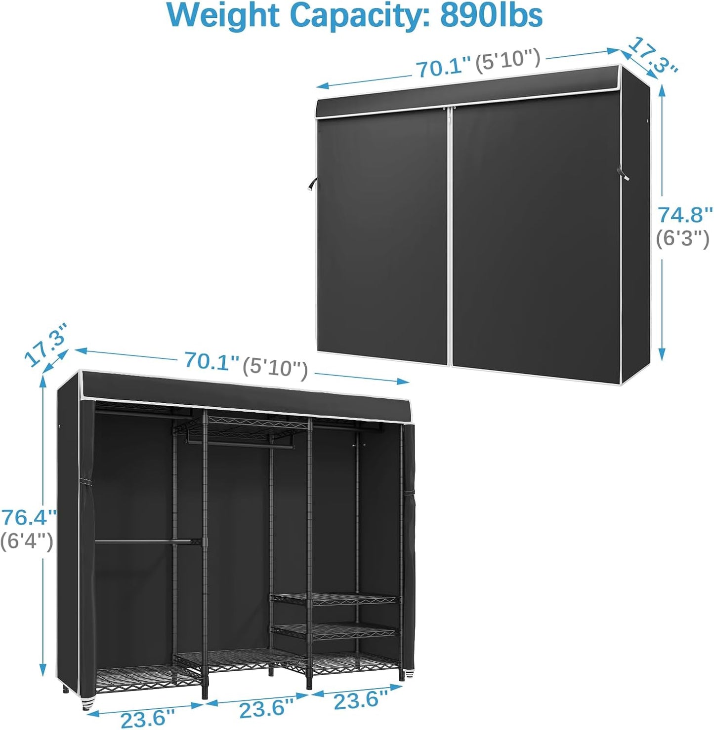 VIPEK V5C Heavy Duty Covered Clothes Rack Portable Bedroom Armoires Rack, Black Metal Clothing Rack with Black Cover, Adjustable Custom Freestanding Closet Wardrobe, Max Load 800LBS