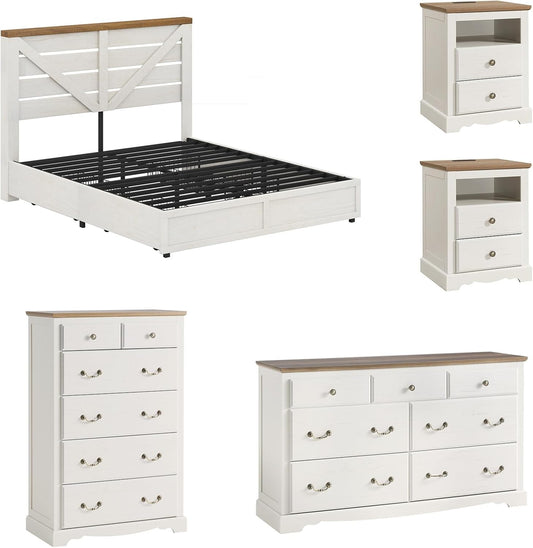 AMERLIFE 5 Piece Bedroom Set, Including Farmhouse Full Size Bed Frame with 4 Drawers, 7 Drawer Dresser & 6 Chest of Drawers, 2 Nightstands with Charging Station for Bedroom, White