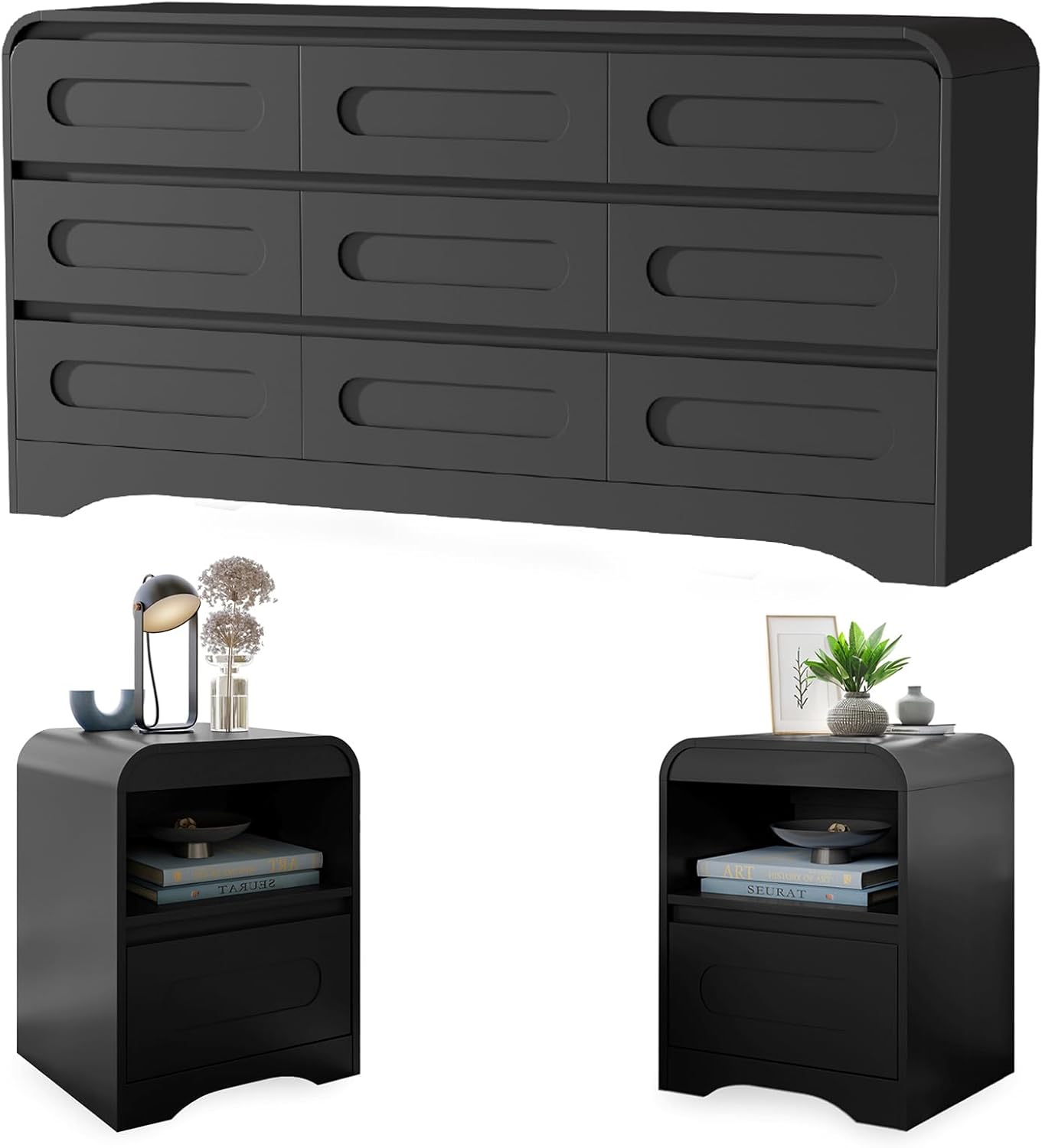 4 Pcs Bedroom Set, Dresser and Nightstand Sets, Including Modern Wooden Tall 6 Drawer Dressers, Wide 6 Drawers Dresser & Night Stand Set of 2 for Bedroom, Black