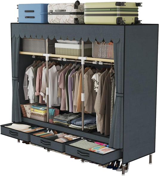 Portable Wardrobe, Freestanding Closet Hanging Organization, Metal Frame with Gray Fabric Cover, 3 Storage Compartments, 3 Hanging Rods, 3 Drawers.