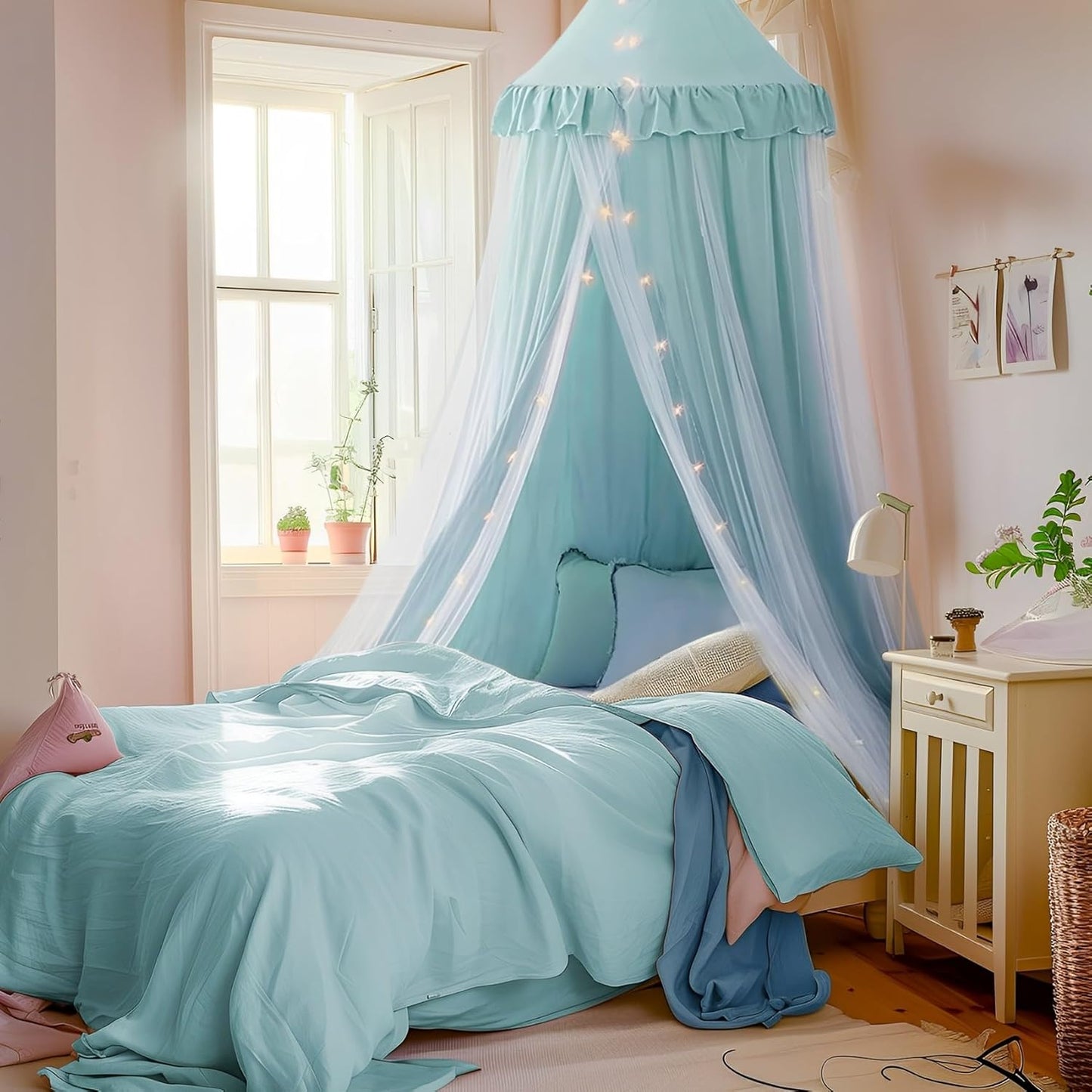 Bed Canopy with Star Lights, Double Layer Canopy for Bed, Princess Play Tent for Girls Room, Breathable Canopy Bed Curtain for Children Reading Nook, Machine Washable Canopy, 25.6''x106'', Pink