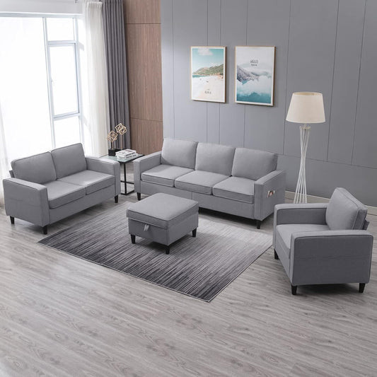 4 Piece Living Room Sofa Sets, 3 Seat Sofa and Loveseat & Chair Set, Modular Sectional Sofas Couch with Storage Ottoman & Armchair, Furniture Couches for Living Room, Bedroom - Light Grey