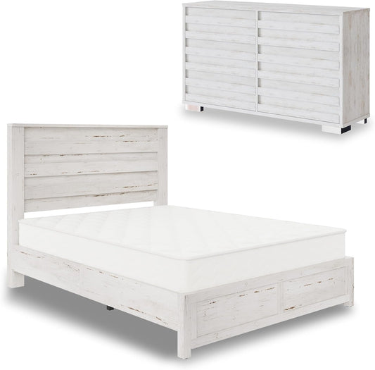 AMERLIFE 2-Piece Farmhouse Bedroom Set, Queen Size Bed Frame and 6 Drawer Dresser, Platform Bed with 49" Fluted Headboard, 54" Wide Wood Chest of Drawer for Bedroom, Distressed White