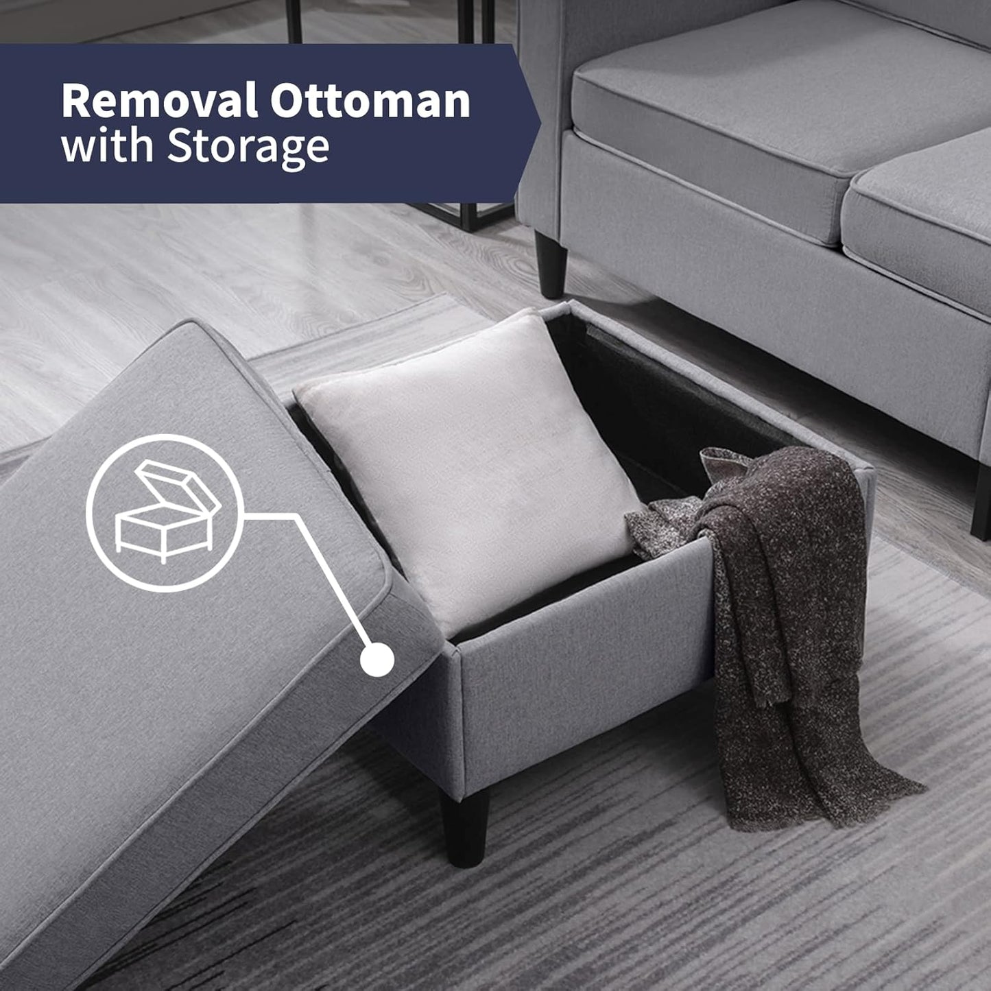4 Piece Living Room Sofa Sets, 3 Seat Sofa and Loveseat & Chair Set, Modular Sectional Sofas Couch with Storage Ottoman & Armchair, Furniture Couches for Living Room, Bedroom - Light Grey