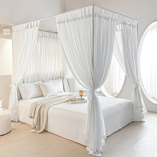AIKASY Canopy Bed Board with Top and Self-Adhesive Strips, White Gauze Princess Bed Canopy Curtain Tent, Creating a Romantic Atmosphere in The Room（Full/Queen，White）