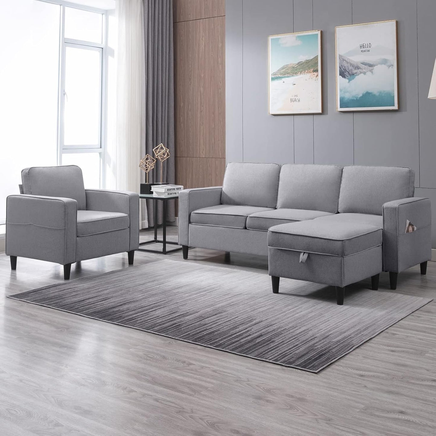 4 Piece Living Room Sofa Sets, 3 Seat Sofa and Loveseat & Chair Set, Modular Sectional Sofas Couch with Storage Ottoman & Armchair, Furniture Couches for Living Room, Bedroom - Light Grey