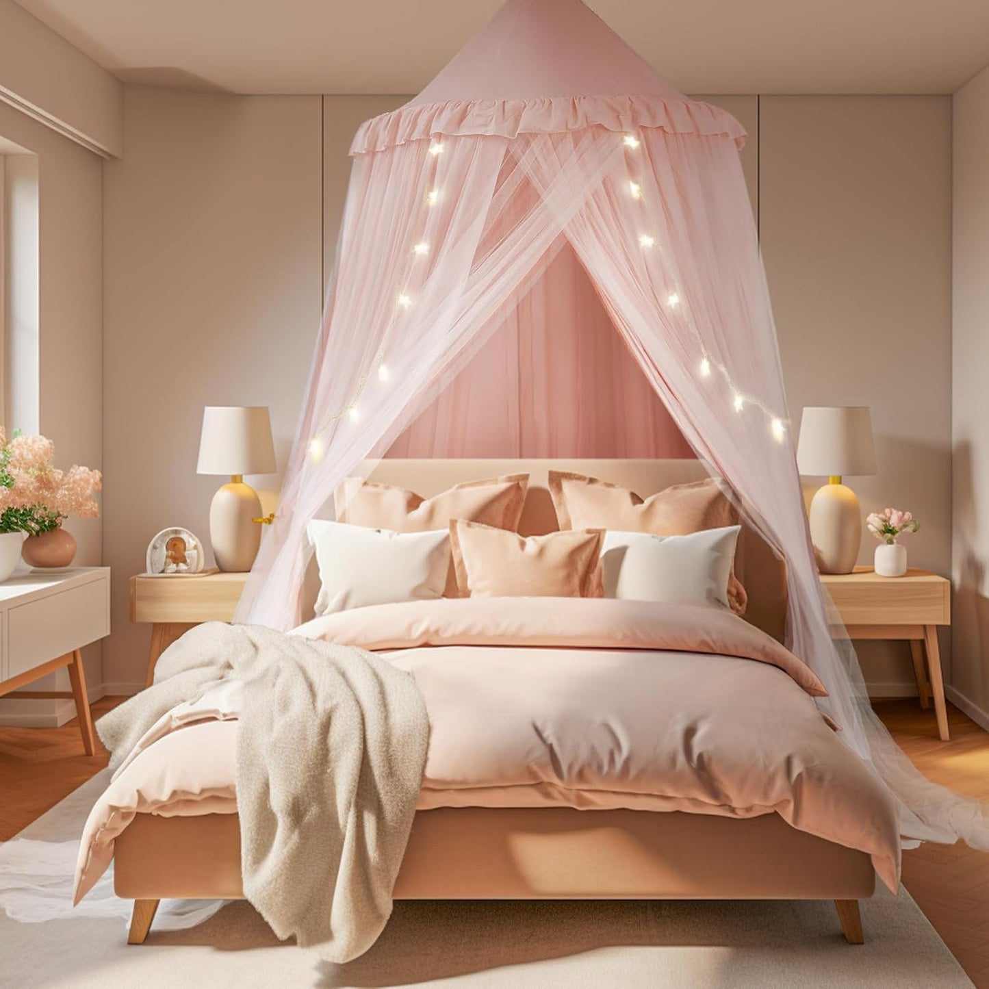 Bed Canopy with Star Lights, Double Layer Canopy for Bed, Princess Play Tent for Girls Room, Breathable Canopy Bed Curtain for Children Reading Nook, Machine Washable Canopy, 25.6''x106'', Pink