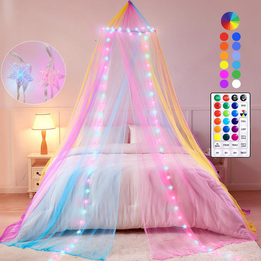 Lovelite Bed Canopy for Girls with Lights, Rainbow Canopy Bed Curtain with 24 Colors Changing Star String Lights, Dome Princess Canopy for Girls Room Twin Full Queen King Kids Bed Decor