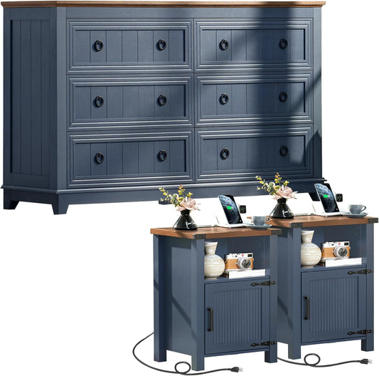 Farmhouse Dresser and Nightstand Sets 3 Piece, Furniture Set 18" Night Stand with Charging Station and 6 Drawers Dressers for Bedroom, 54" Dresser and Nightstand Set for Bedroom, Living Room