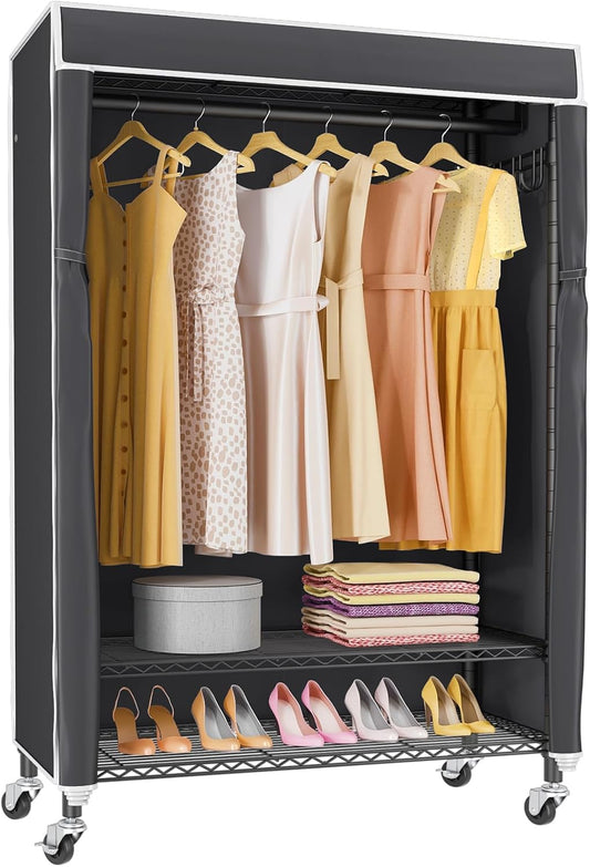 VIPEK R3C Rolling Clothes Rack with Cover Portable Closet for Hanging Clothes, Heavy Duty Garment Rack Freestanding Clothing Racks with Wheels& Hanging Rod, Black Closet Racks with Black Cover