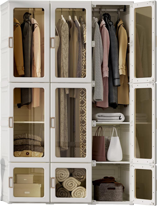 ANTBOX Portable Wardrobe Closet Storage Organizer for Clothes,Transparent Door Panels,Suitable for Living Room, Bedroom,Plastic Wardrobe with Magnetic Door and Easy Assembly (3 Hanging Rod)