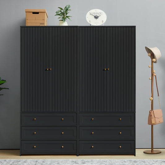Armoire Wardrobe Closet with 4 Doors and 6 Drawers, 70.87" Tall Wooden Clothes Closet Wardrobe Cabinet, Freestanding Bedroom Storage Armoire for Hanging Clothes, 2-Piece (Black)