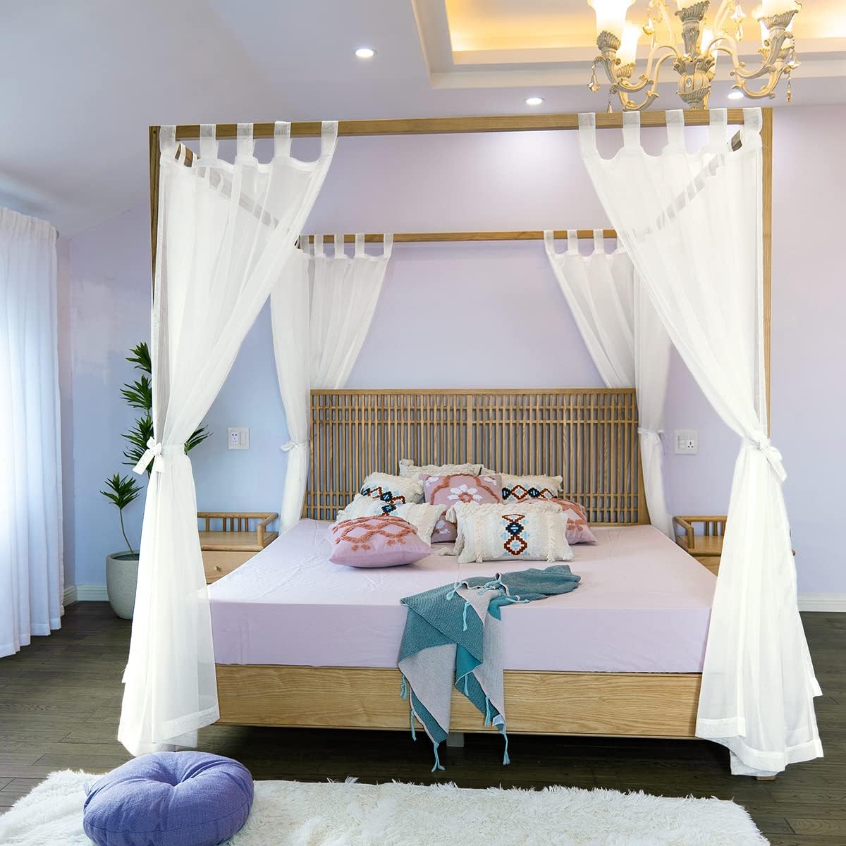 Linentalks Sheer Canopy Bed Curtains for King, Queen, Full and Twin Bed, 4 Corner Bed Canopies & Drapes, Four Poster Bed Canopy Curtains Beds, Sheer Curtains for Canopy Bed Drapes, White