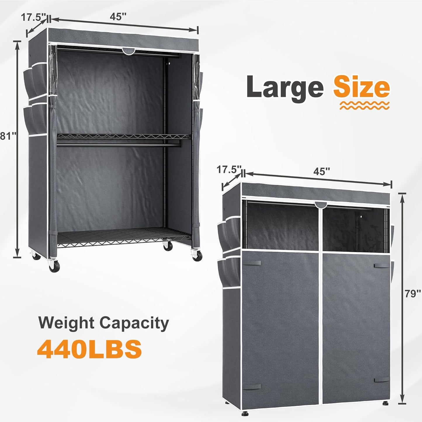 Raybee Clothes Rack with Cover, 81" H Clothing Racks for Hanging Clothes, Portable Closet with Wheels and Adjustable Feets, Max Load 440LBS, Black