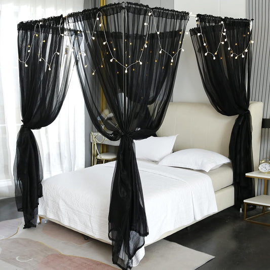 Akiky Canopy for Girls Room Bed Curtains Elegant Sheer Curtain for Twin Full Queen King Size Bed Drapes,8 Panels Canopies with Light,Room Décor(Full/Queen,Black)