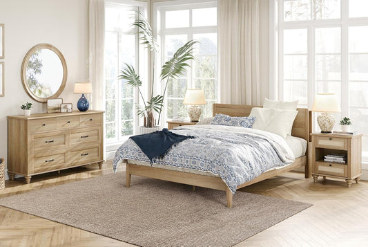 WAMPAT 3 Piece Bedroom Set - Includes Bedroom 7 Drawer Dresser, Set of 2 Rattan Bedside Tables with Charging Station, 3 Piece Dresser and Nightstand Sets, Oak