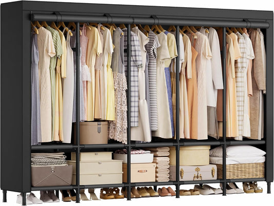 SONGMICS Wardrobe Closet, 83.5 Inch Large Capacity Portable Closet, Clothing Rack, 25 mm Dia,Thick Steel Tubes, Clothes Organizer with Fabric Cover, 5 Hanging Rails, 10 Shelves, Ink Black URDR095B01