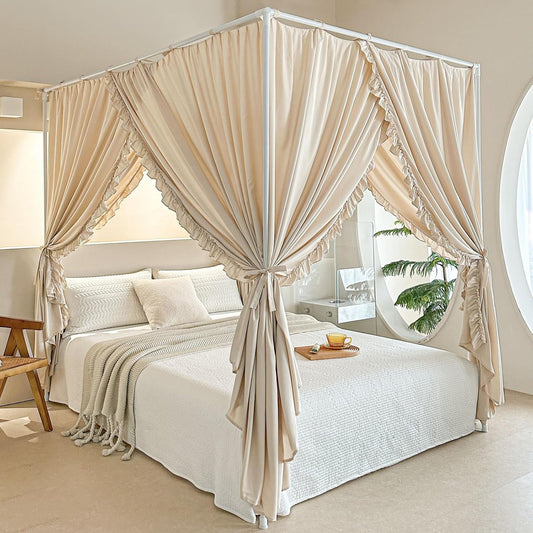 AIKASY Princess Canopy Bed Curtains with Top Ties - Windproof & Lightproof for Girls' Adult Bedroom Decor | Bed Canopy Drapes (Full,Khaki)