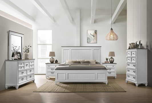 Roundhill Furniture Clelane Wood Bedroom Set with Shiplap Panel Queen Bed, Dresser, Mirror, Two Nightstands, and Chest in Weathered White and Walnut