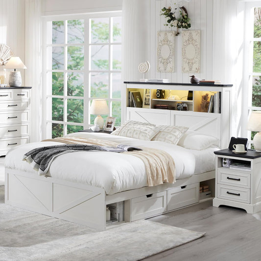 Farmhouse Queen Size Wood Bed Frame with 52" Tall Storage Headboard and 4 Drawers,LED Light,Charging Station,Solid Wood Slats Support,Noiseless,No Box Spring Needed,Antique White