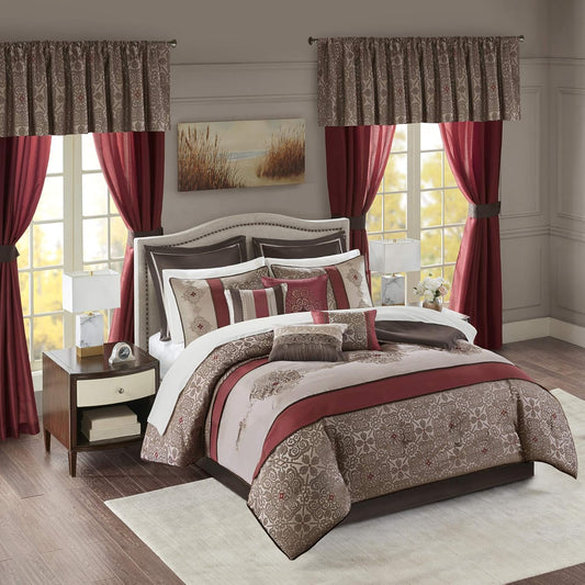 Madison Park Essentials Delaney 24-Piece Room In A Bag Comforter Set-Satin Jacquard, All Season Luxury Bedding, Sheets, decorative pillows and Curtains, Valance, Cal King(104"x92"), Medallion Red