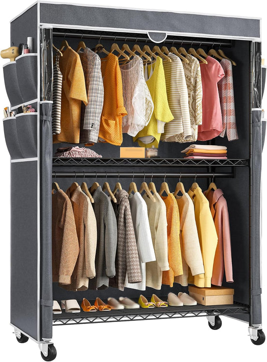 Raybee Clothes Rack with Cover, 81" H Clothing Racks for Hanging Clothes, Portable Closet with Wheels and Adjustable Feets, Max Load 440LBS, Black